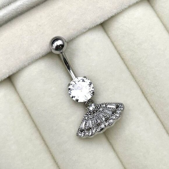 316L Stainless Steel with White Diamond Cubic Zirconia Dangling Fan Belly Ring - Picture 3 of 7